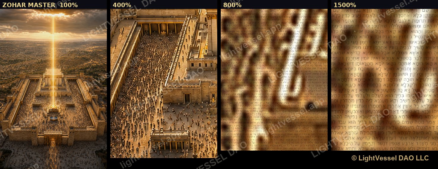 100×, 400×, 800×, 1500× — descending into the woven text